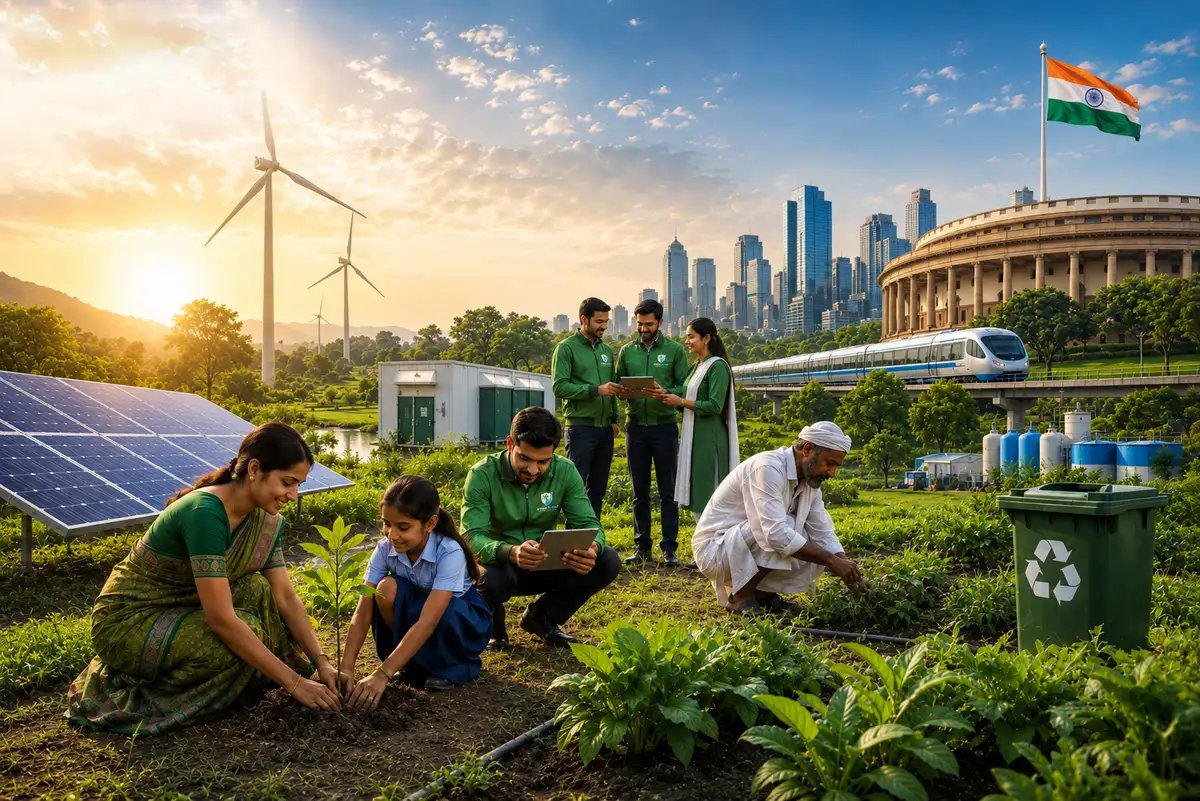 Community-led sustainability initiative showcasing tree plantation, renewable energy, smart agriculture, and environmental conservation aligned with government green development programs.